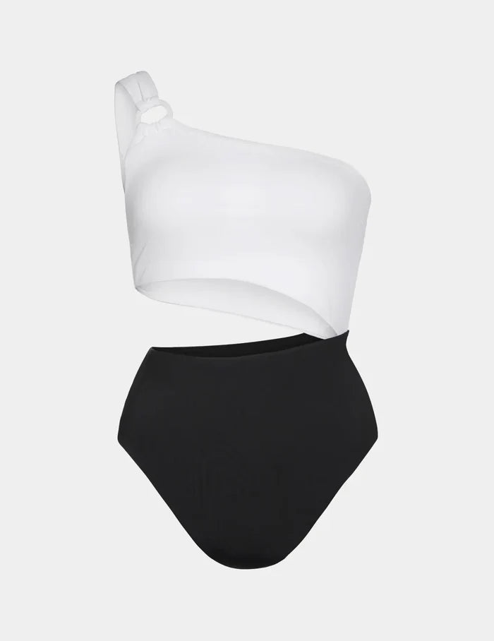 | Sculpt One Shoulder One Piece Swimsuit shown front-facing against a light gray background | Black/White
