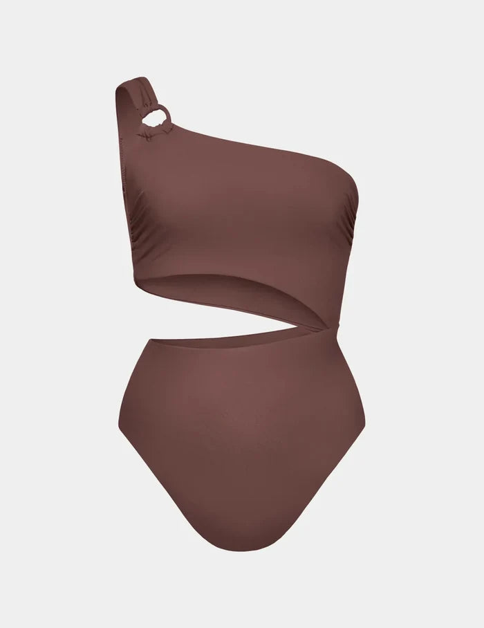 | Sculpt One Shoulder One Piece Swimsuit shown front-facing against a light gray background | Espresso