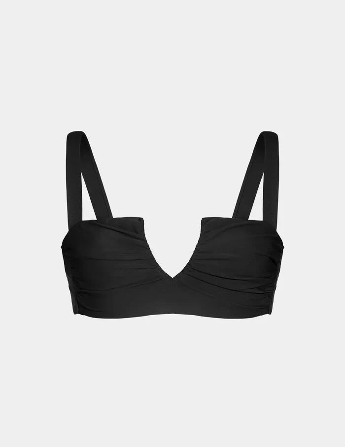| Front view of model wearing the Sculpt Ruched Bikini Top, highlighting the neckline, strap design, and smooth silhouette | Black