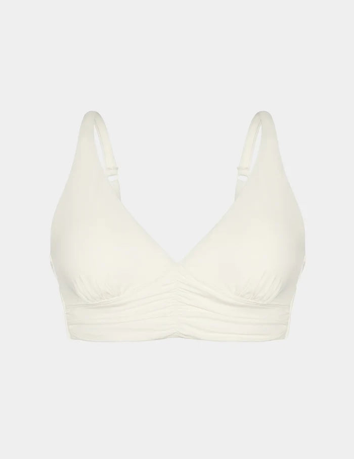 | Sculpt Ruched Deep V Bikini Top shown front-facing against a light gray background | Ivory