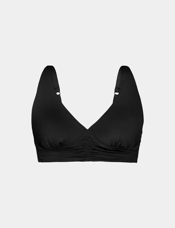 | Ruched Deep V Bikini Top shown front-facing against a light gray background | Black