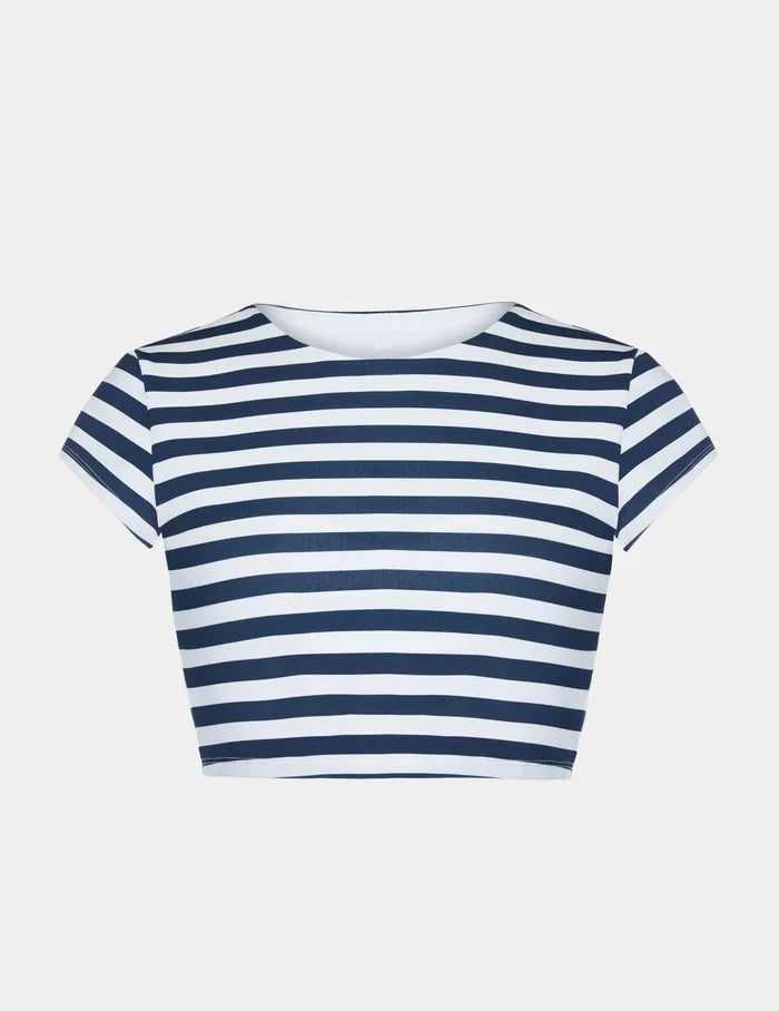 | Sculpt Short Sleeve Swim Top shown front-facing against a light gray background | Nautical Stripe