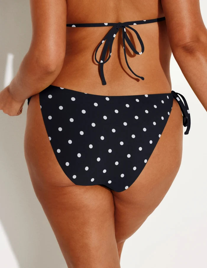 | Back view of model wearing the Sculpt String Bikini Bottom highlighting the coverage and fit | Black with White Polka Dot