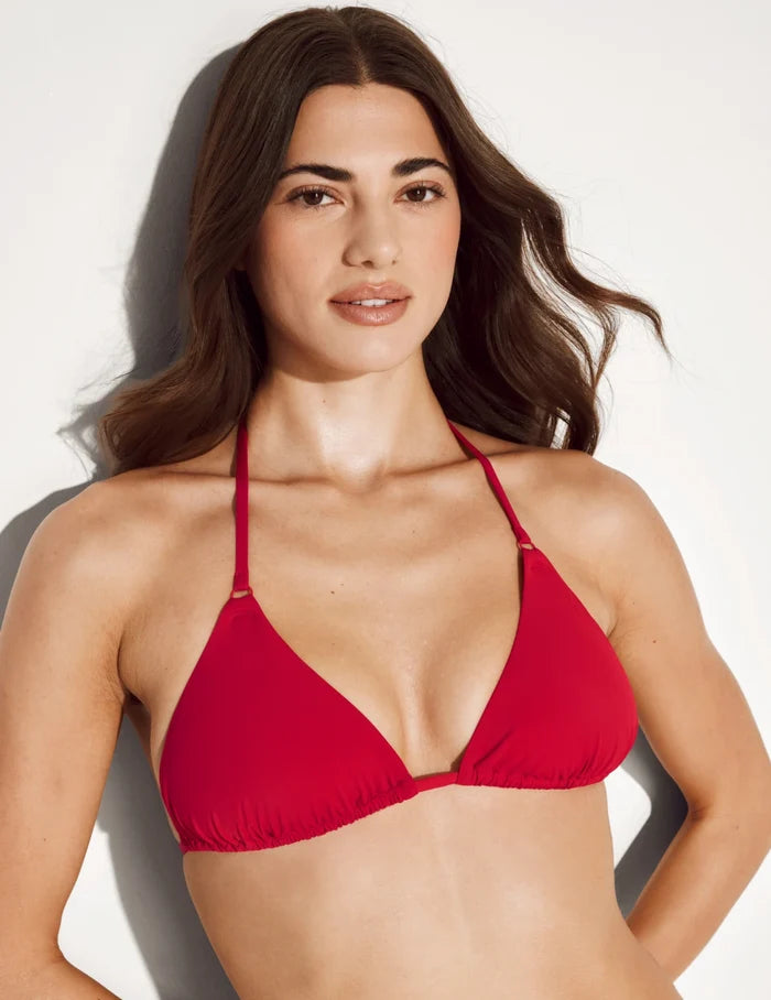| Front view of model wearing the Sculpt Triangle Bikini Top, highlighting the neckline, strap design, and silhouette | Cherry