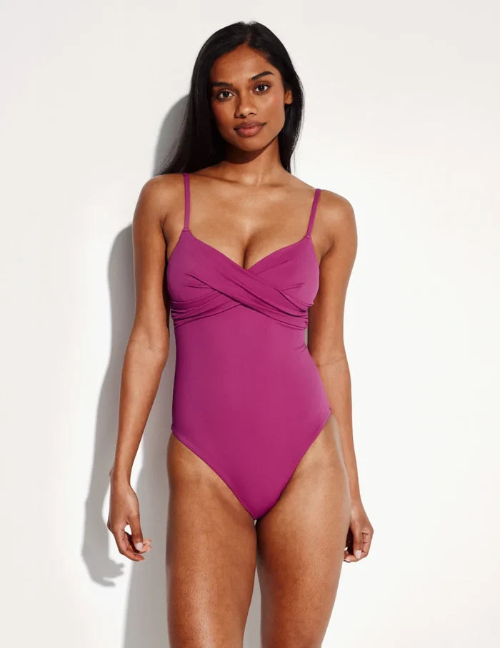 | Front view of model highlighting the coverage and fit | Deep Orchid