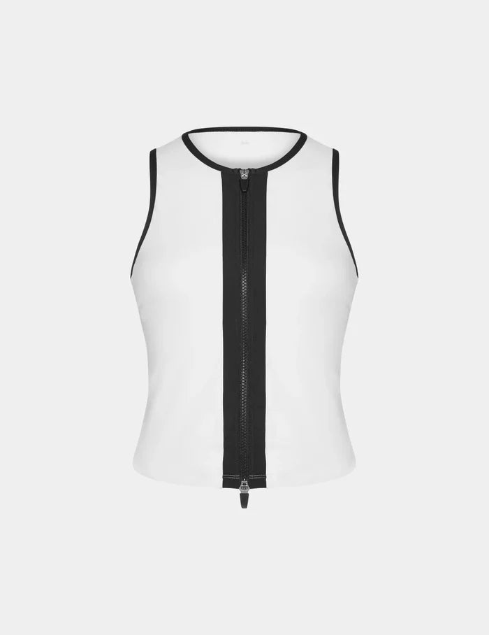 | Sculpt Zip Up Tankini shown front-facing against a light gray background | Black/White