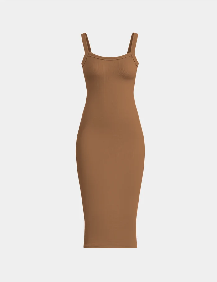 | SculptRib™ Cotton Cami Dress shown front-facing against a light gray background | Bark