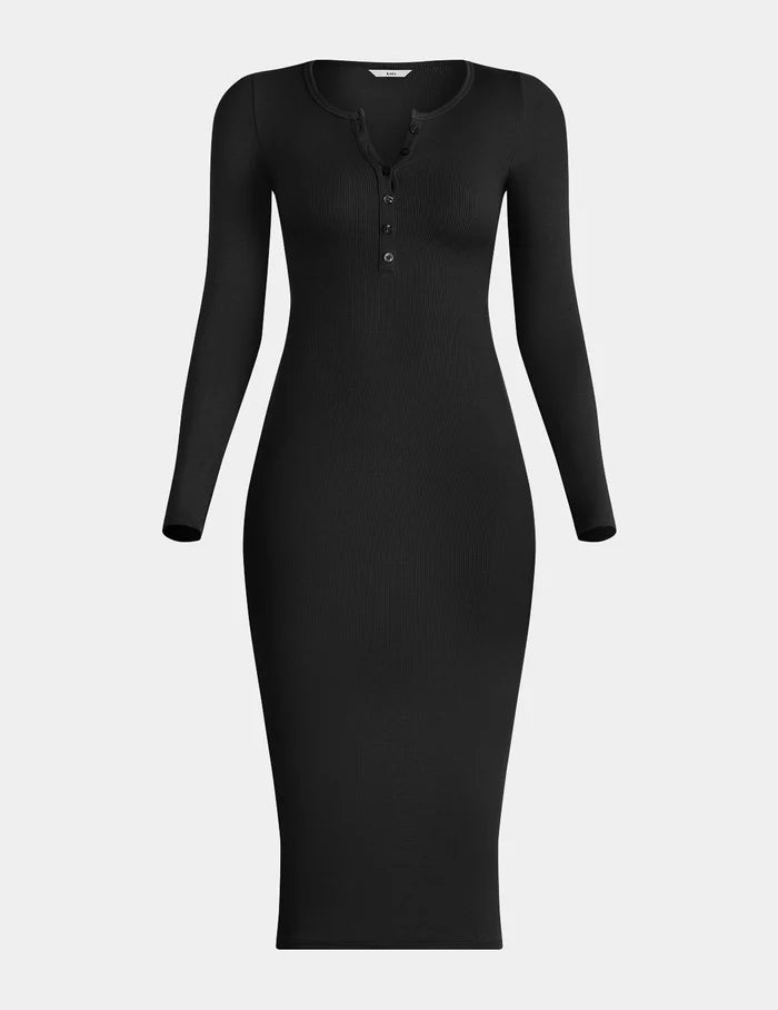 | SculptRib™ Cotton Henley Dress shown front-facing against a light gray background | Black