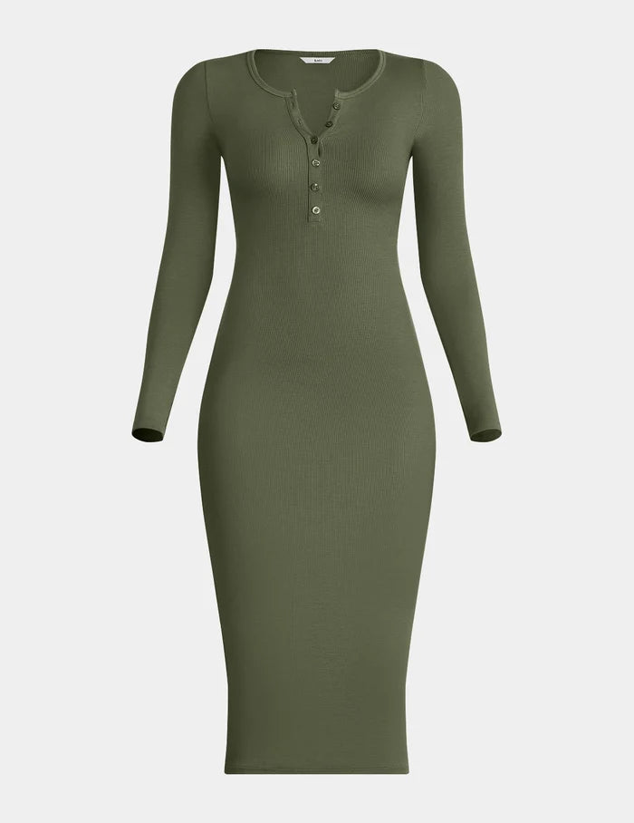 | SculptRib™ Cotton Henley Dress shown front-facing against a light gray background | Olive