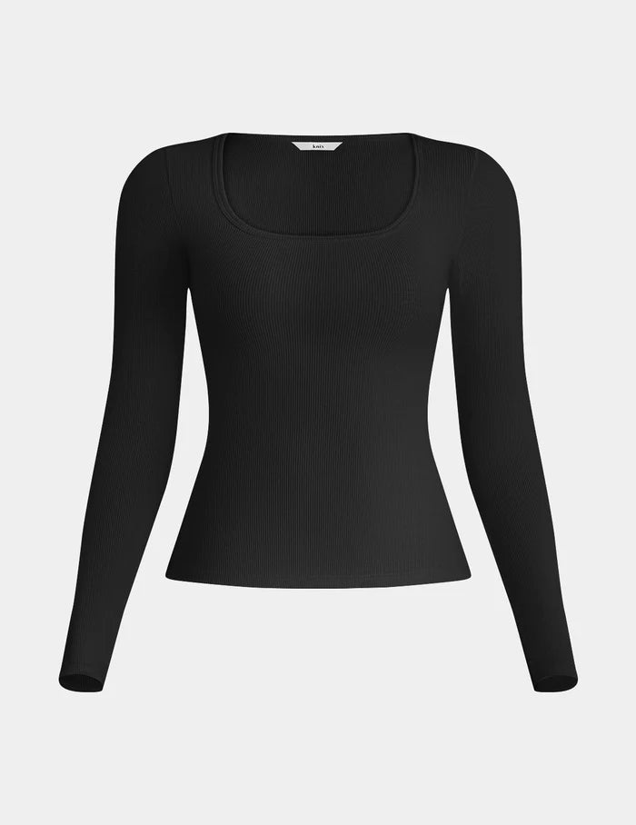 | SculptRib™ Cotton Long Sleeve Top shown front-facing against a light gray background | Black