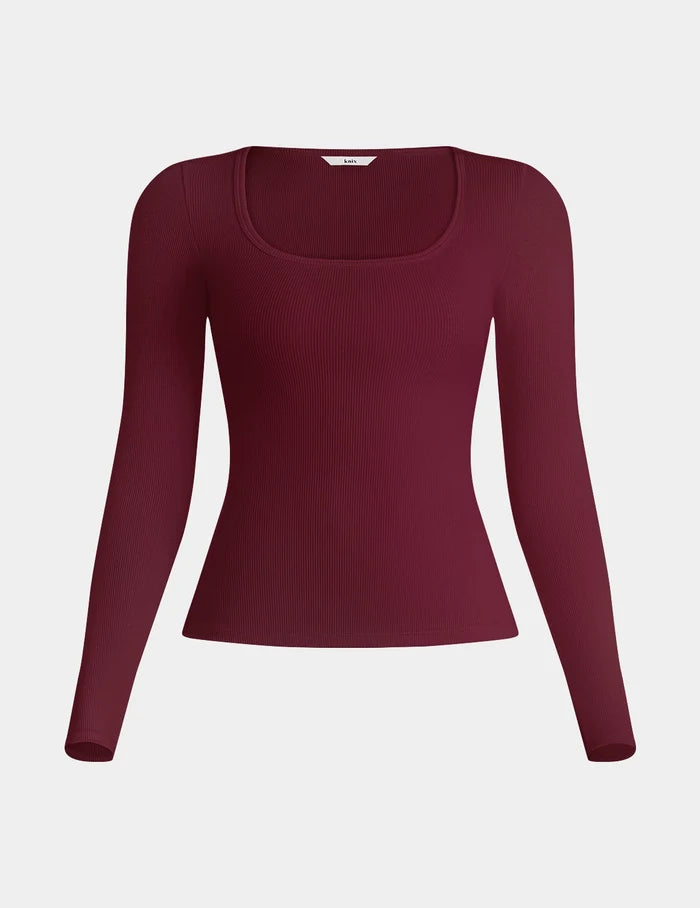 | SculptRib™ Cotton Long Sleeve Top shown front-facing against a light gray background | Dark Cherry