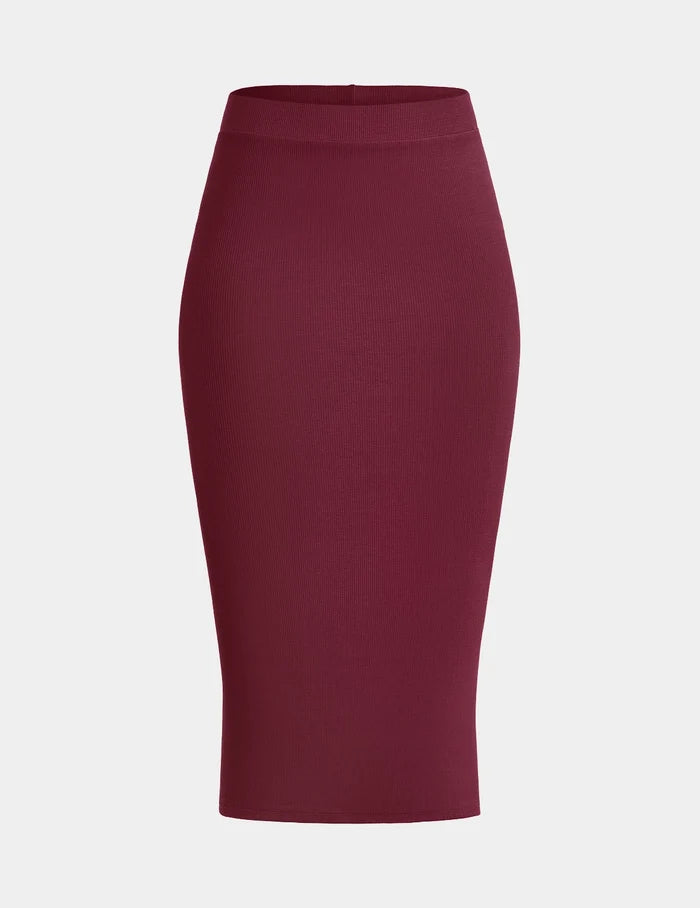 | SculptRib™ Cotton Midi Pencil Skirt shown front-facing against a light gray background | Dark Cherry