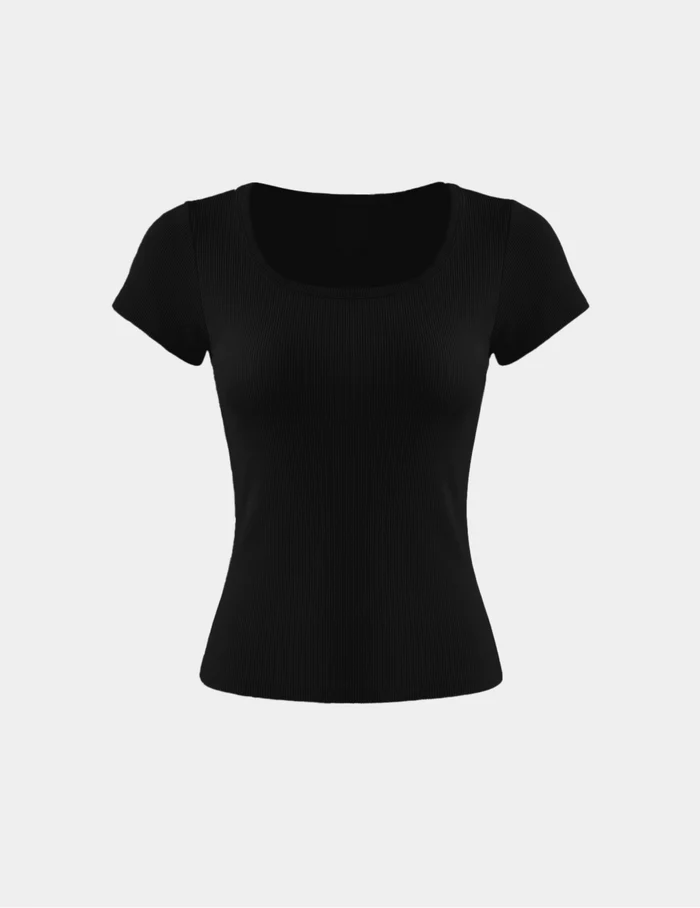 | SculptRib™ Cotton Scoop Neck T-Shirt shown front-facing against a light gray background | Black