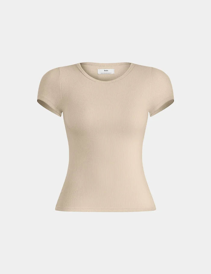 | SculptRib™ Cotton T-Shirt shown front-facing against a light gray background | Fawn