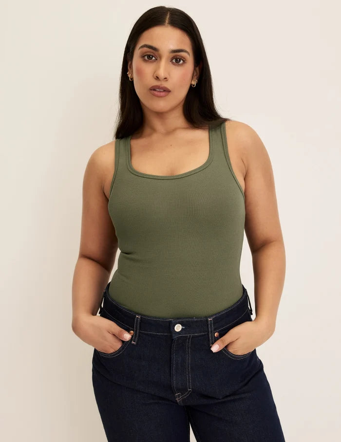 | Front view of model highlighting the coverage and fit | Olive