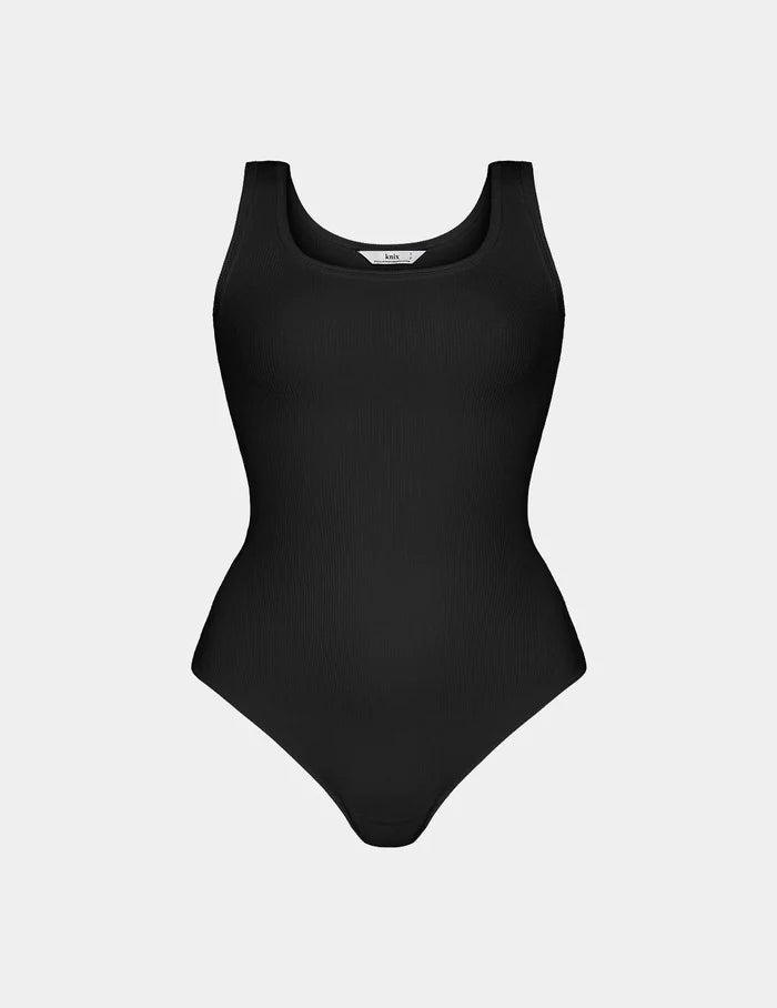 | SculptRib™ Cotton Tank Bodysuit shown front-facing against a light gray background | Black