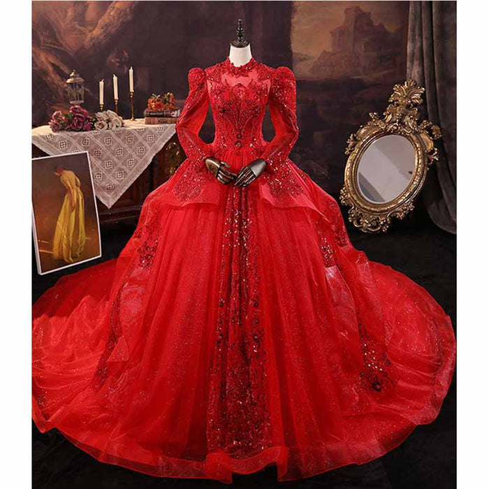 Sparkly red ball gown wedding dress with intricate lace details and a dramatic train for elegant brides