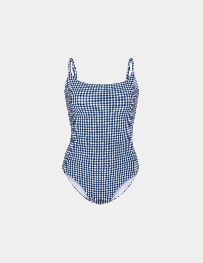 | Seersucker Sculpt Classic One Piece Swimsuit shown front-facing against a light gray background | Navy Seersucker
