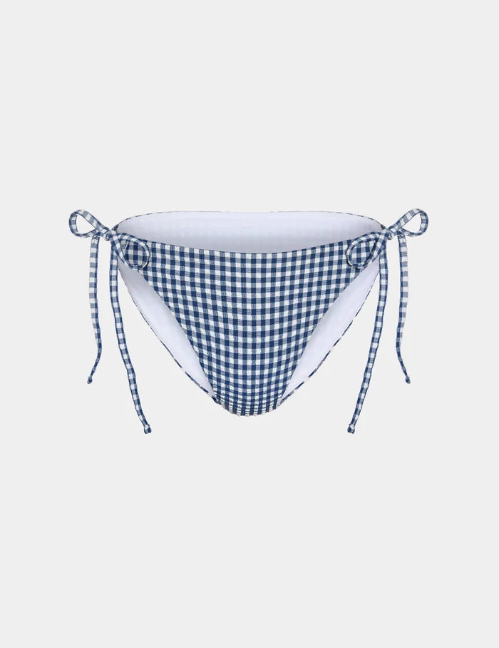 | Seersucker Sculpt String Bikini Bottom shown front-facing against a light gray background | Navy Seersucker