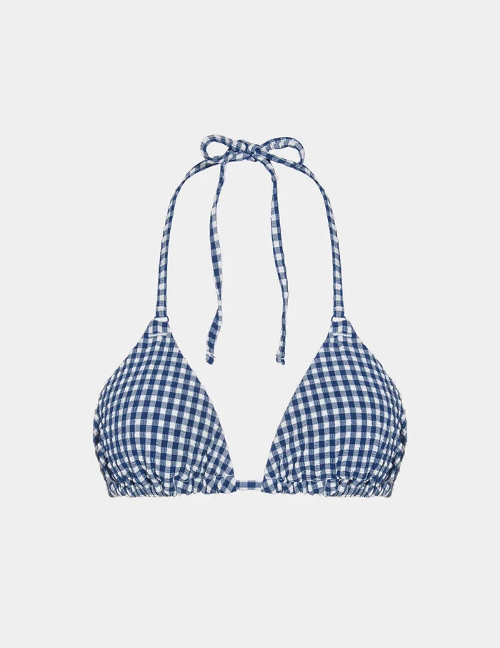 | Seersucker Sculpt Triangle Bikini Top shown front-facing against a light gray background | Navy Seersucker
