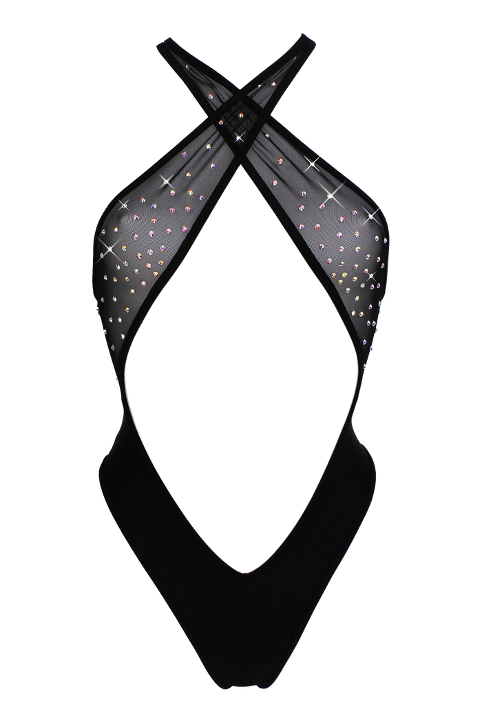 Sexy Criss Cross Halter Bodysuit with AB Crystals / BLACK MESH - EXES LINGERIE
