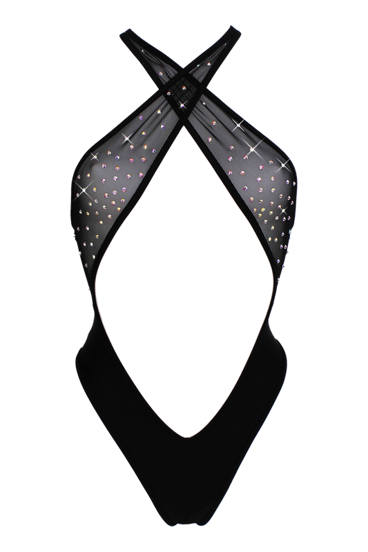 Sexy Criss Cross Halter Bodysuit with AB Crystals / BLACK MESH - EXES LINGERIE