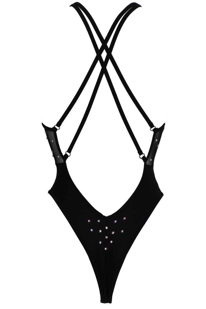 Sexy Criss Cross Halter Bodysuit with AB Crystals / BLACK MESH - EXES LINGERIE