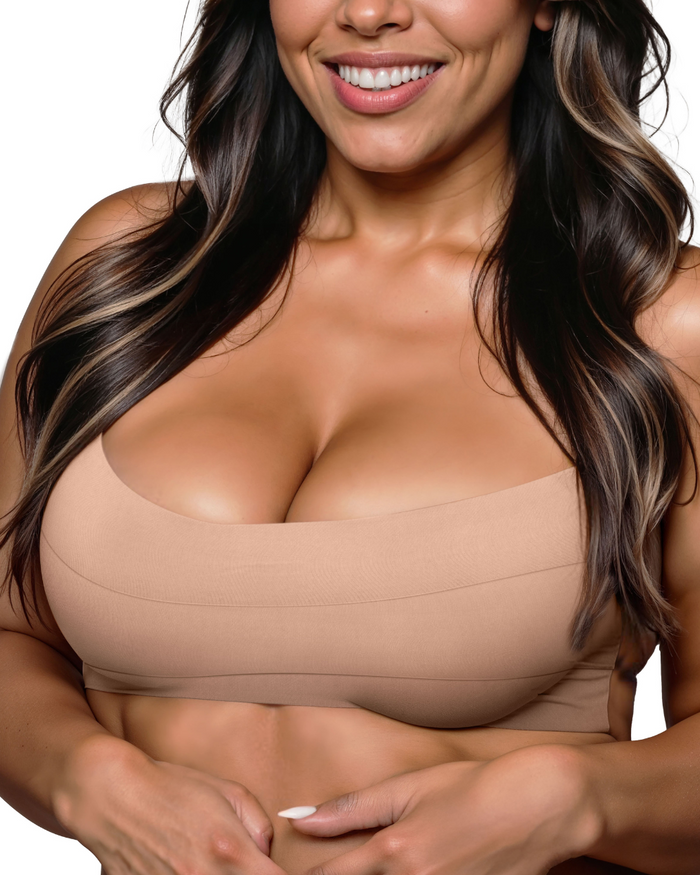 | Front view of model wearing the Shape Tape Adhesive Breast Tape highlighting the coverage and fit | No. 5 Soft Tan