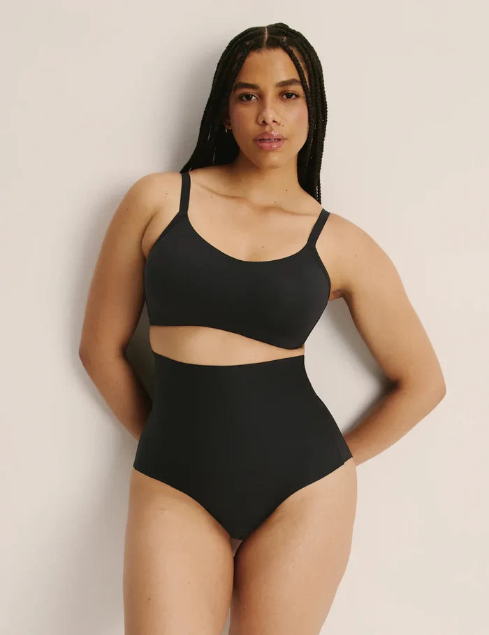 | Full-body view of model wearing the Shaper High Rise Briefs, highlighting the coverage and smooth fit | Black