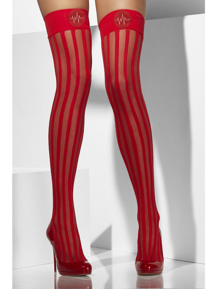 Sheer Hold-Ups, Red, Vertical Stripes