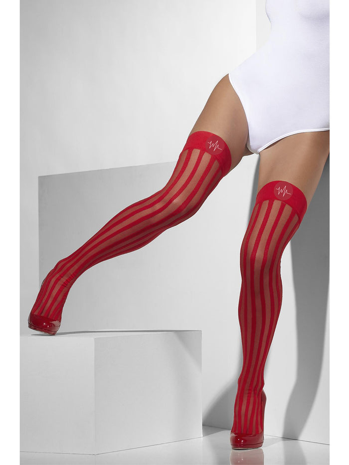Sheer Hold-Ups, Red, Vertical Stripes
