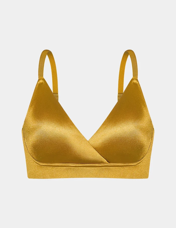 | View of Shimmer Stretch Bra shown front-facing against a light gray background | Burnished Gold