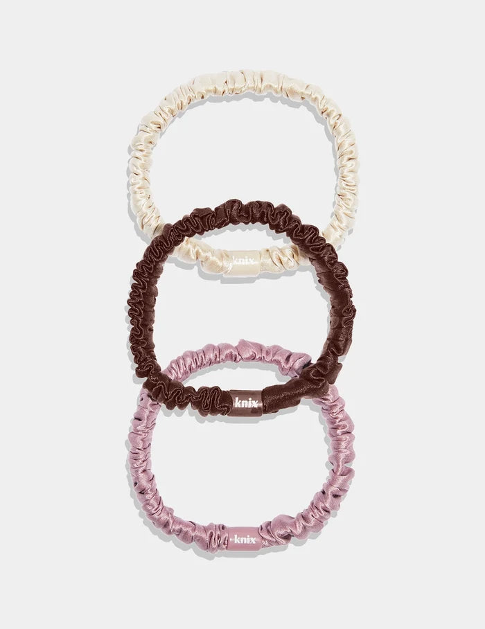 | Silk Mini Scrunchies 3-Pack shown front-facing against a light gray background | Ivory/Espresso/Rose Pink