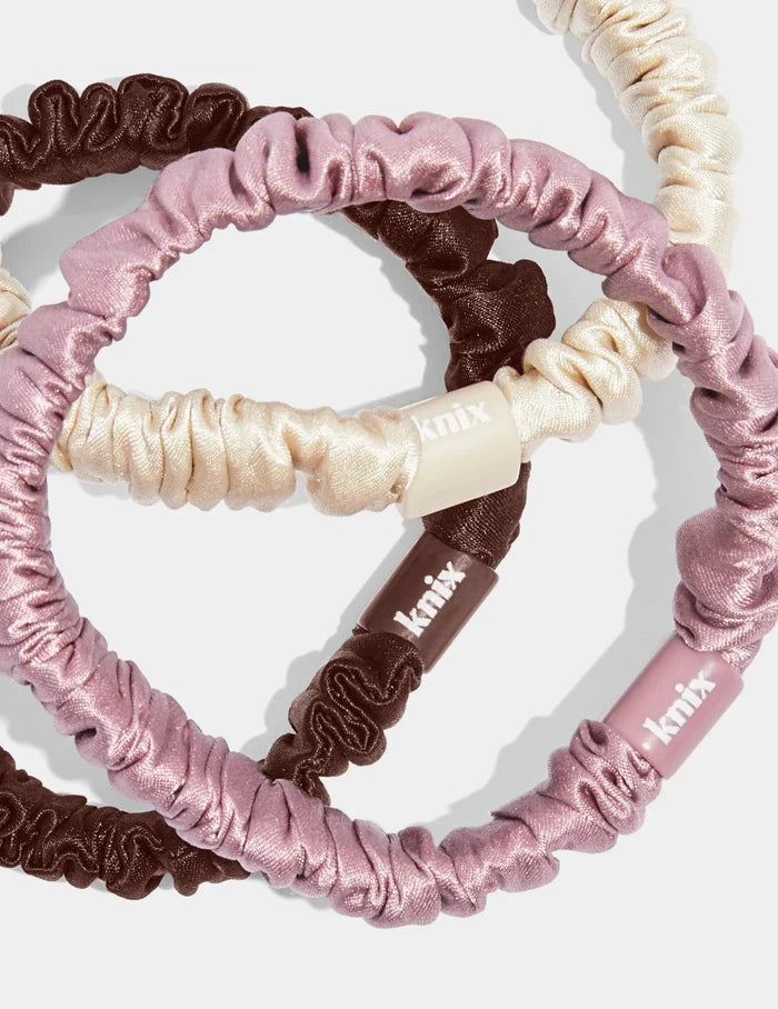 | Silk Mini Scrunchies 3-Pack shown front-facing against a light gray background | Ivory/Espresso/Rose Pink