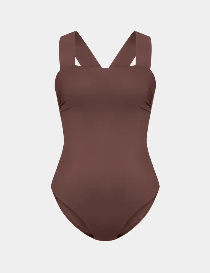 | Front view of model highlighting the coverage and fit | Espresso
