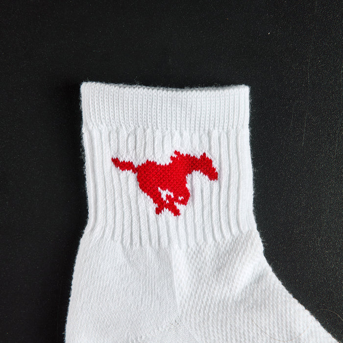 Close-up of the red running Mustang on Del Campo SMU Mustangs golf socks