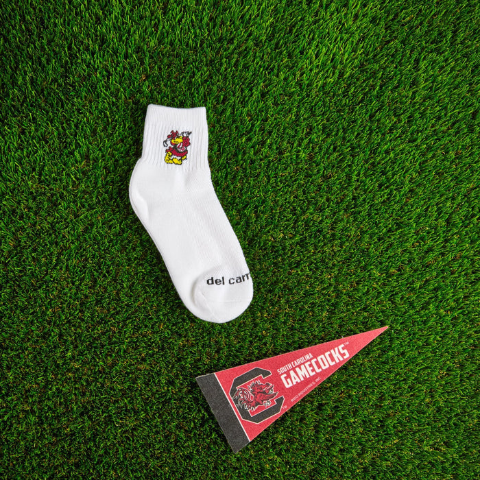 Flat lay of Del Campo South Carolina Cocky golf socks with game-day props