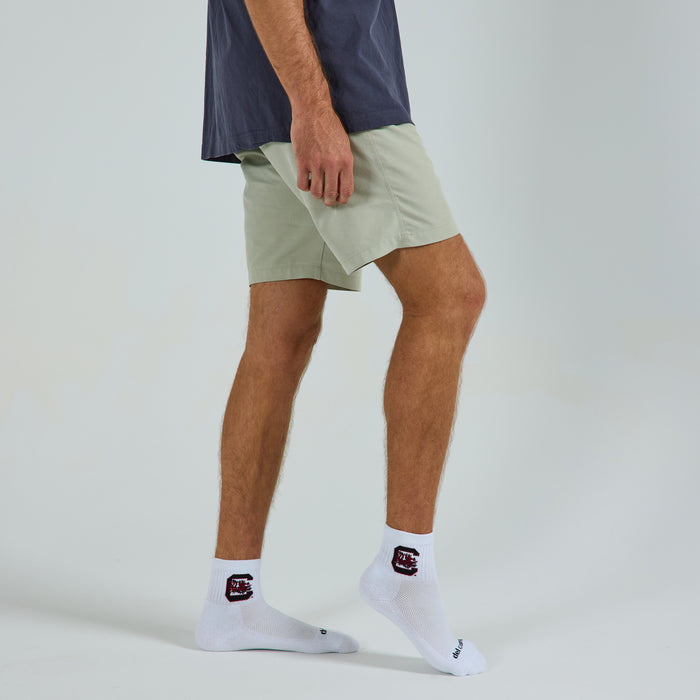 Man wearing Del Campo South Carolina Gamecocks golf socks, studio shot, no shoes