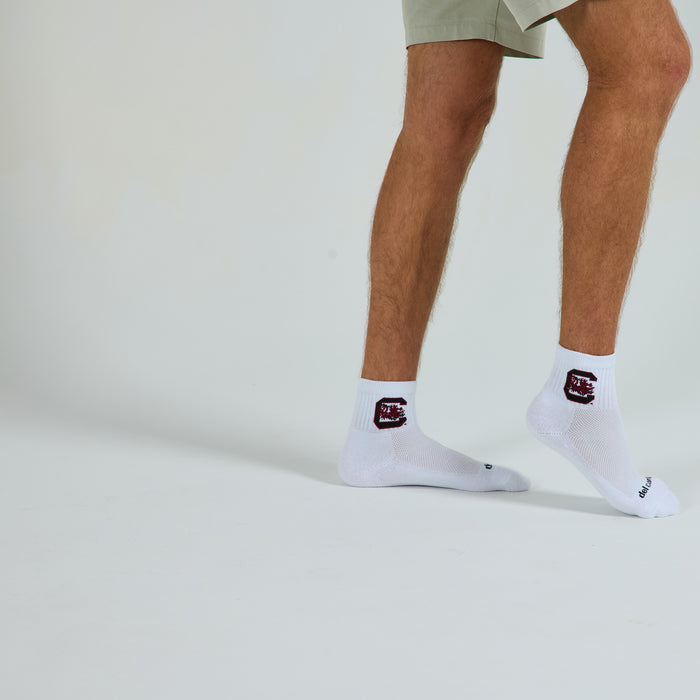 Del Campo South Carolina Gamecocks golf socks on a male model in studio