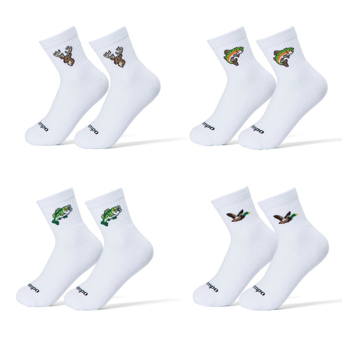 Del Campo Sportsman Pack: four pairs of socks with Largemouth Bass, Trout, Mallard and Whitetail Deer designs, flat lay on white