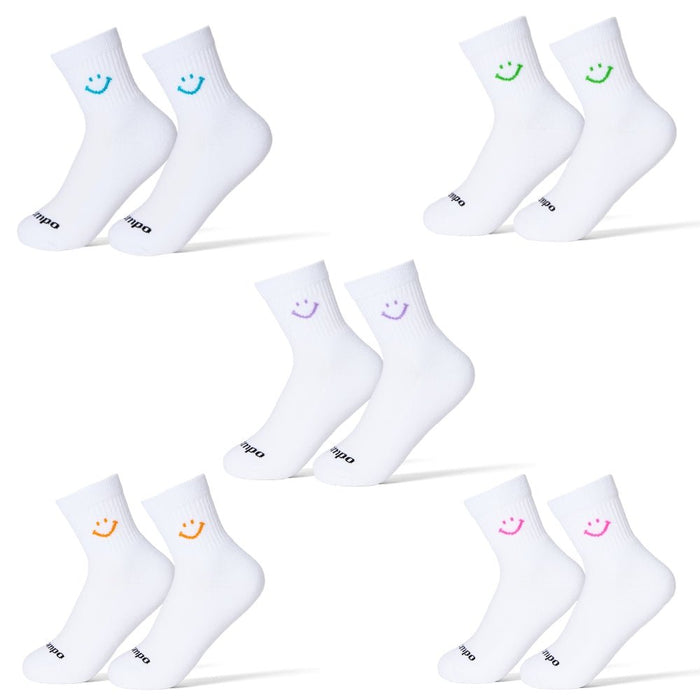 Del Campo Spring Smiley Pack golf socks featuring spring smiley designs: scuba blue, bright pink, lilac, light orange, and lime green