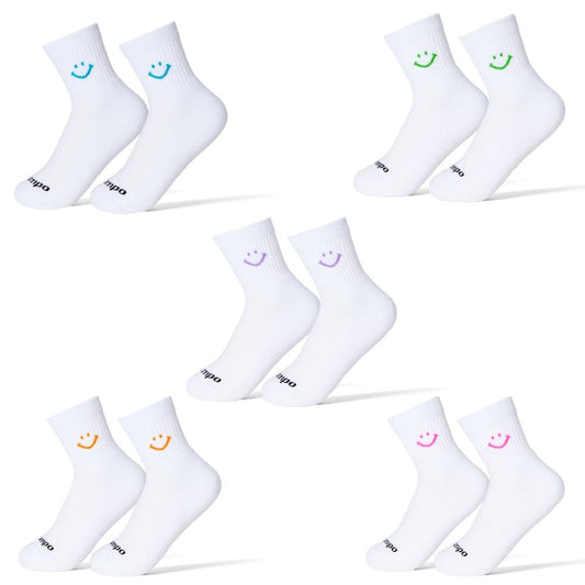 Del Campo Spring Smiley Pack golf socks featuring spring smiley designs: scuba blue, bright pink, lilac, light orange, and lime green