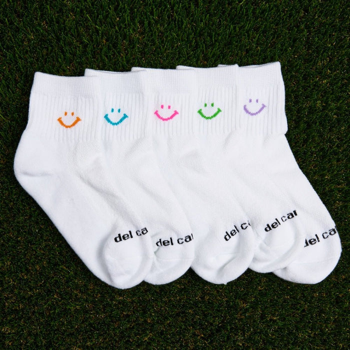 Del Campo Spring Smiley Pack golf socks featuring spring smiley designs: scuba blue, bright pink, lilac, light orange, and lime green
