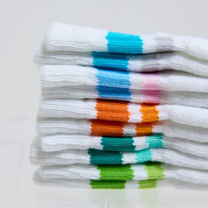 Del Campo Spring Stripe Pack golf socks featuring spring stripe designs: cotton candy, lime green, light orange, and blue/grey