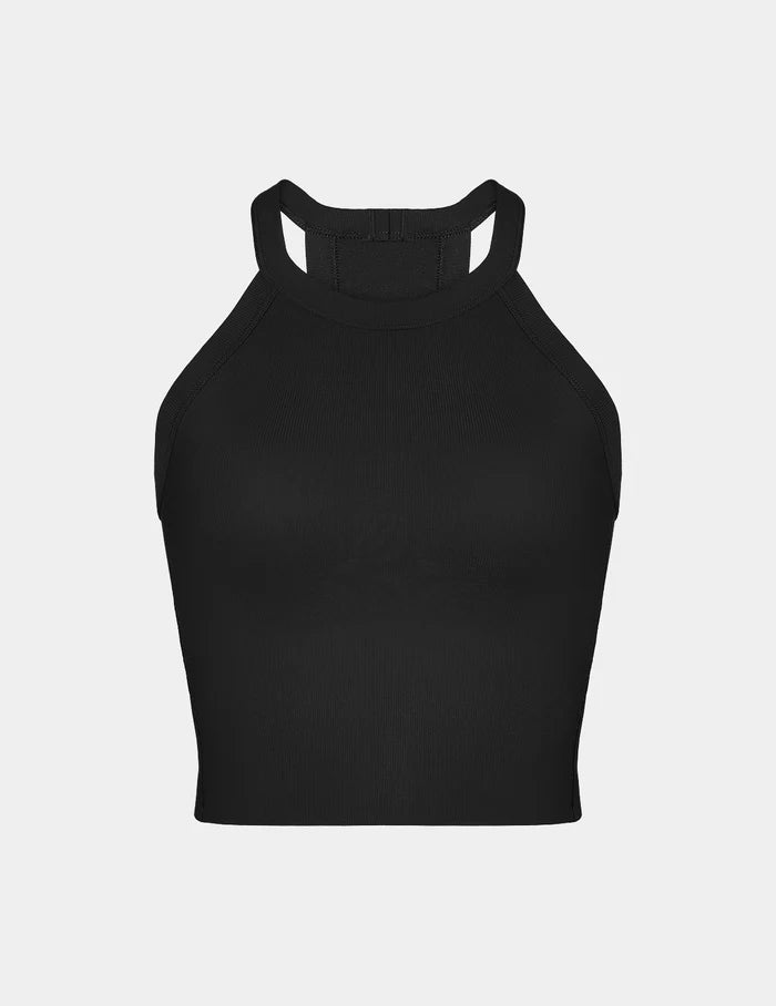 | View of Studio Ribbed Bra Top shown front-facing against a light gray background | Black