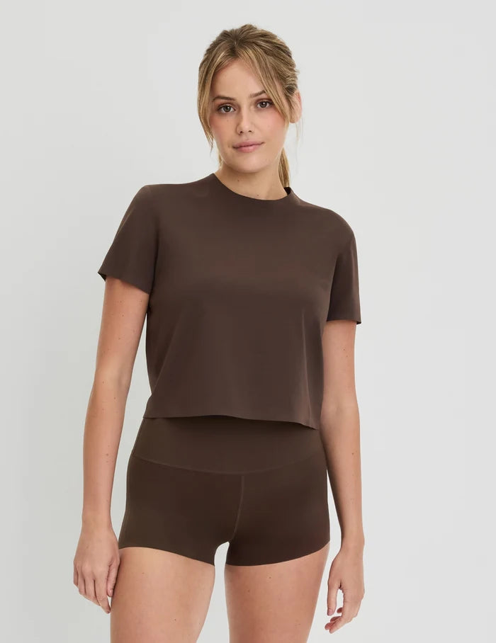 | Front view of model highlighting the coverage and fit | Espresso