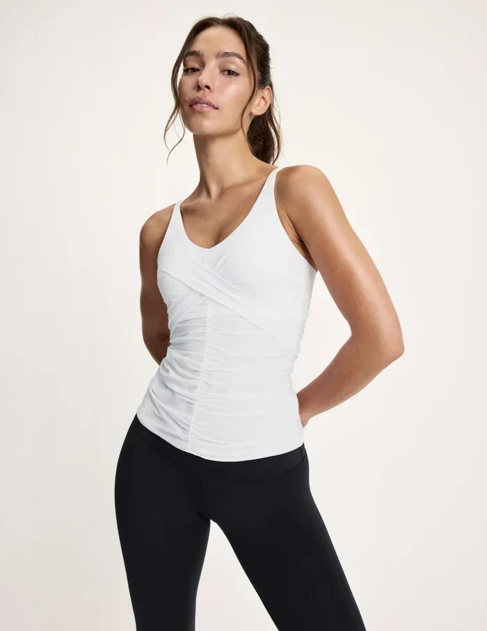 | Front view of model highlighting the coverage and fit | White