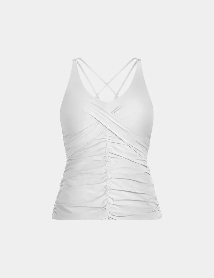 | Front view of model highlighting the coverage and fit | White