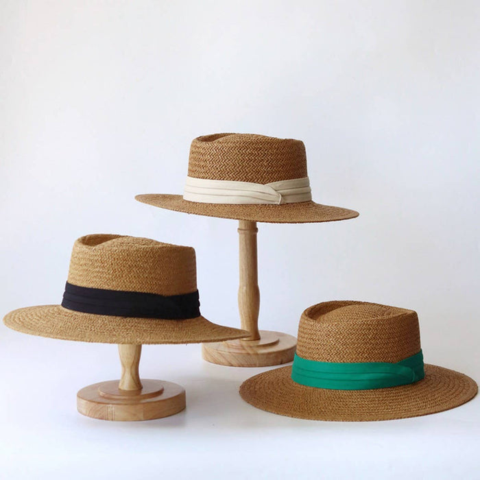 seasonal woven hat with a striking fabric band for shading in the sunnier months.