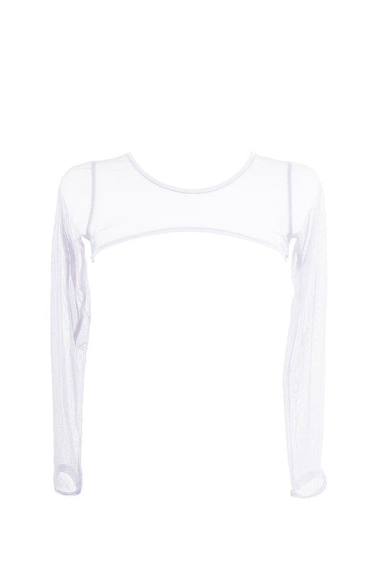 Super crop Top Long Sleeve Sheer Mesh  /  SUPER CROP White,TOPS - EXES LINGERIE